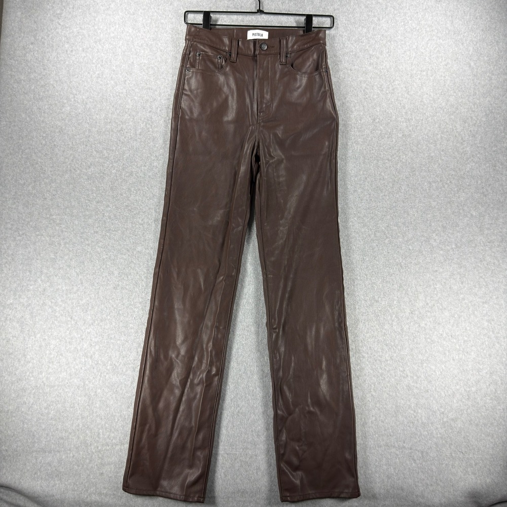 Pistola Brown Vegan Leather High Rise Straight Leg Pants Five Pocket